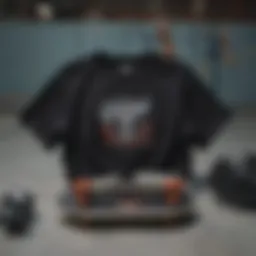 A black crop top t-shirt styled with skateboarding gear.