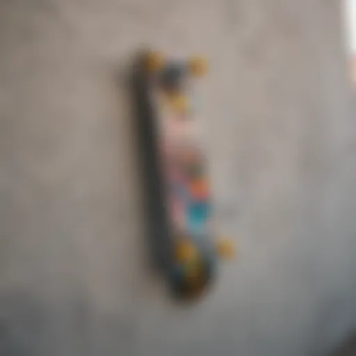 A stylish vertical skateboard wall mount showcasing a vibrant skateboard design.