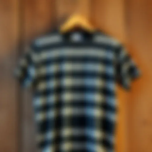 Vintage striped t-shirt displayed on a rustic wooden background