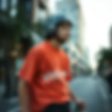 Skateboarder wearing Welcome Skateboards shirt in urban setting