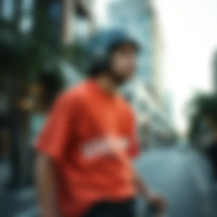 Skateboarder wearing Welcome Skateboards shirt in urban setting