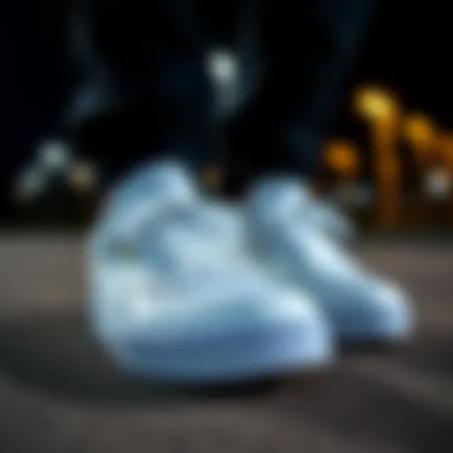 Close-up of white Nick shoes showcasing their sleek design and texture